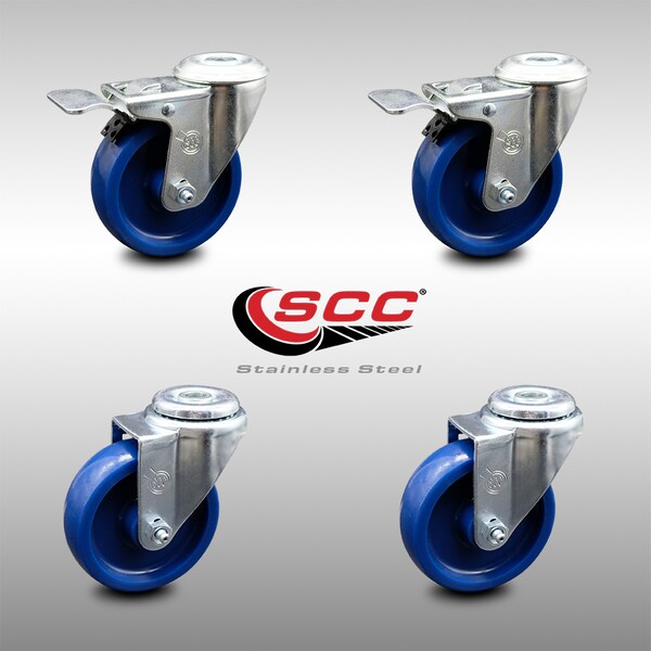 4 Inch SS Solid Polyurethane Swivel Bolt Hole Caster Set with 2 Total Lock Brake